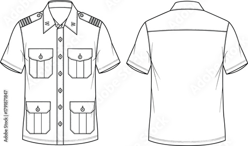 Short Sleeve Safari Shirt Technical Flat Sketch Template, Utility Style with Four Flap Pockets, Epaulets, and Collared Neck, Front and Back View Vector CAD Illustration for Fashion Design.