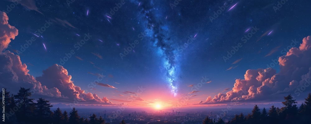 Obraz premium Cityscape skyline at twilight with glowing milky way and pink clouds. Meteor shower streaks across night sky above silhouetted forest. Sun sets on horizon with bright light.