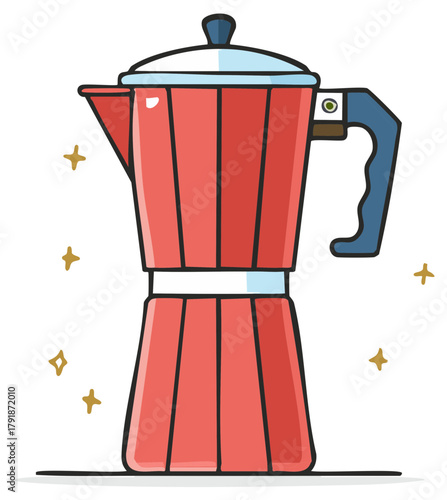Vivid Red Moka Pot Illustration with Handle and Lid, Espresso Coffee Maker