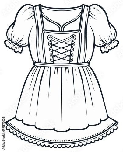 Traditional Bavarian Dirndl dress outline illustration featuring puffed sleeves and bodice lacing