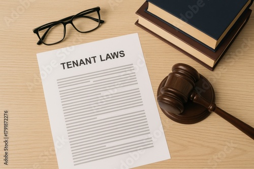 Legal documents outlining tenant laws with books and gavel on a desk, symbolizing legal rights and responsibilities in rental agreements. Concept of law, justice, and tenant advocacy.