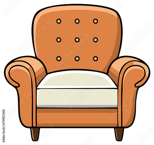 Comfy brown armchair with white seat cushion in cartoon vector art