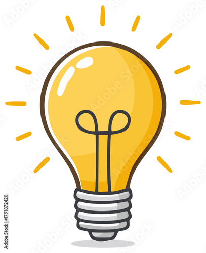 Bright yellow cartoon lightbulb shining as a symbol of a creative idea and innovation
