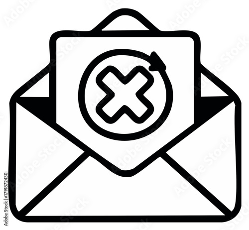 Doodle drawing of an open envelope containing a message with a cancel symbol and arrow, email problems icon