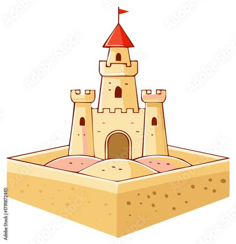 Cartoon Sandcastle with Red Flag and Enclosure Isolated on White Background Sand Structure Art