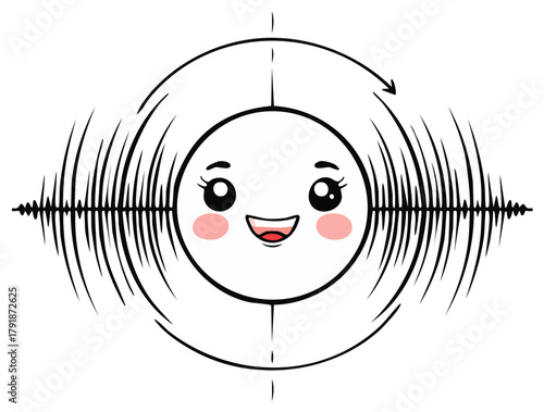 Adorable kawaii face mascot with audio sound waves in a spinning circle logo design