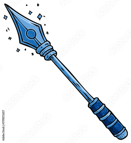 Cartoon illustration of a magical blue ice spear. Fantasy RPG weapon with an enchanted crystal tip.