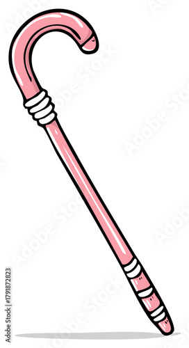 Stylized cartoon drawing of a shiny pink walking cane with a crook handle