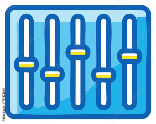 Graphic style equalizer or slider adjustment panel with yellow accents, blue and white tones, controls graphic illustration.