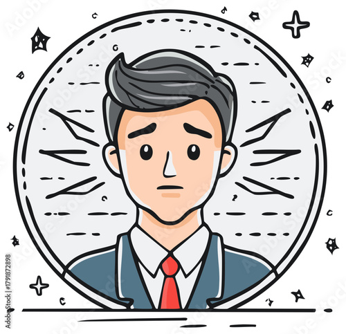 Cartoon man in suit with a worried expression inside a thought bubble