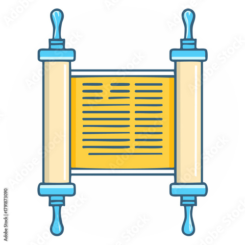 Stylized Torah Scroll Icon with Blue Handles and Ancient Text, Flat Vector Illustration