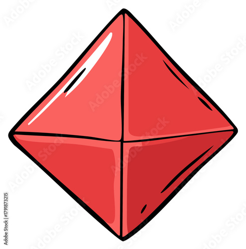 Geometric Red Octahedron Crystal Shape with Highlighted Facets