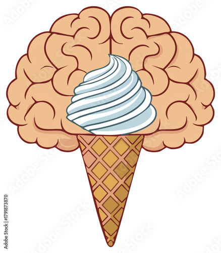 Creative conceptual art of a human brain with a soft serve ice cream cone symbolizing a craving