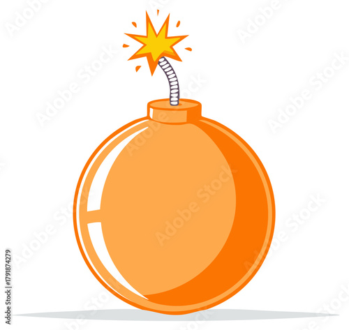 Cartoon explosive bomb with lit fuse and starburst ignition against white background