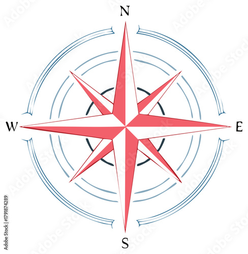 Stylized compass rose illustration featuring cardinal directions in a navigational design