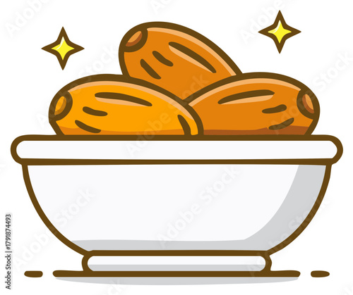 Sweet Dates in White Bowl Healthy Fruit Snack Illustration with Sparkles