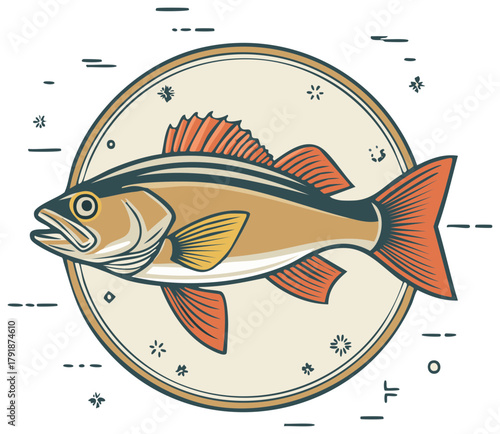 Retro illustration of a freshwater fish in a circular emblem