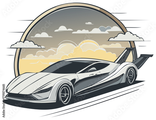 Sleek Futuristic Sports Car Vector Illustration with Dynamic Motion Lines and Cloudy Sky