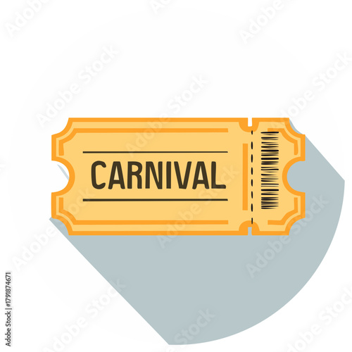 Yellow carnival event ticket icon with perforated edge and barcode design for fair admission