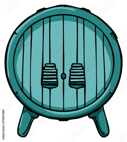 Illustration of a teal barrel design with two hanging decorative elements in the center.