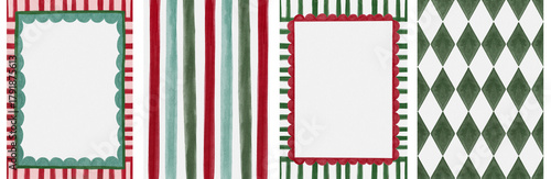 Festive Christmas frame template set, watercolor stripes, scalloped borders, and harlequin diamond backgrounds in red and green. Use for holiday invitations, greeting cards, posters, and print. © sudevi