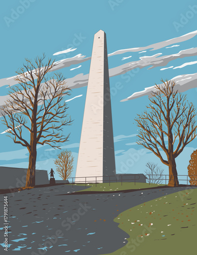 WPA style ukiyo-e or ukiyo illustration of the Bunker Hill Monument within Boston National Historical Park, Charlestown, Massachusetts USA done in retro works project administration style.