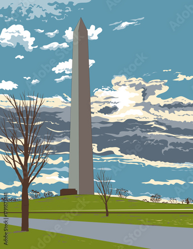 WPA style ukiyo-e or ukiyo illustration of the Washington Monument obelisk on the National Mall in Washington, DC USA done in retro works project administration style.