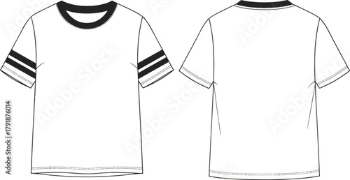 Front Back Technical Fashion Flat Sketch Illustration for Men's Ringer T-Shirt with Contrast Sleeve Stripes and Neckband Apparel Design Vector Template