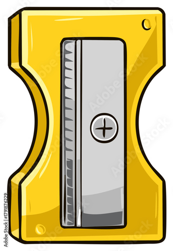 Bright yellow pencil sharpener with a metallic gray blade and a central screw