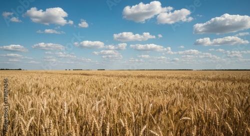 Golden wheat field under a blue sky dotted with puffy white clouds
