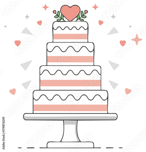 Cute doodle illustration of a multi tiered wedding cake with a heart topper for celebration