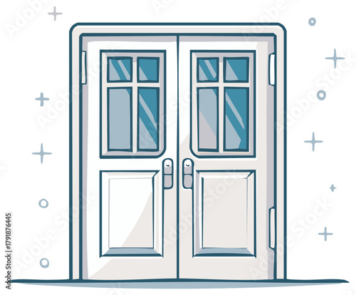 Illustration of closed double doors with glass panes and handles, architectural drawing.