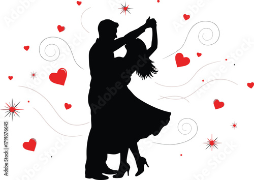 Silhouette of a couple dancing romantically, , with hearts and swirls.