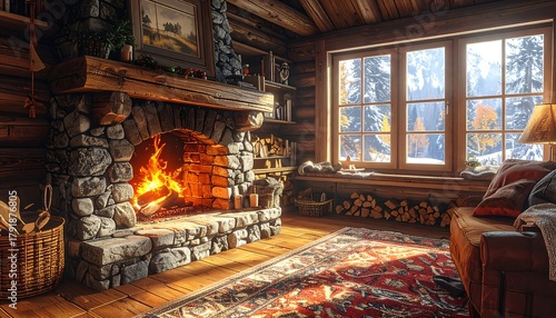 Cozy interior of a rustic cabin with a stone fireplace ablaze, window showing a snowy landscape, and a plush rug