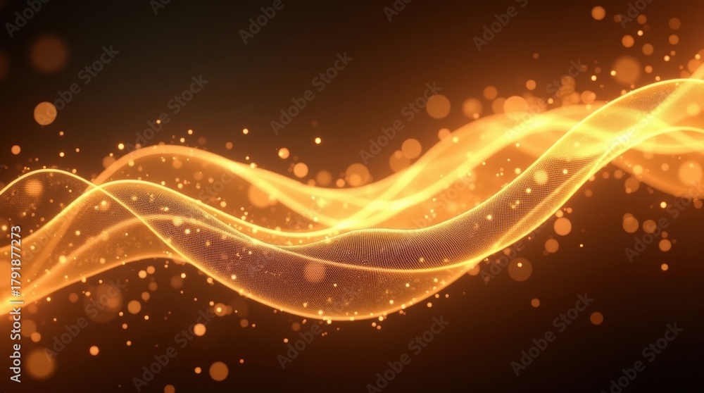 Obraz premium Abstract flowing golden energy waves with sparkling particles on dark background
