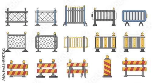 Crowd Control Barriers Vector Set – Various Temporary Fences, Event Safety Barricades, Queue Management Gates, Security Partition Elements, and Public Area Control Illustrations