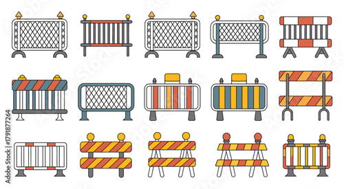 Crowd Control Barriers Vector Set – Various Temporary Fences, Event Safety Barricades, Queue Management Gates, Security Partition Elements, and Public Area Control Illustrations