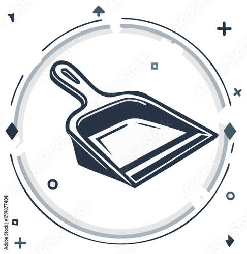 Modern black dustpan icon illustration in abstract circular frame for cleaning and hygiene concepts