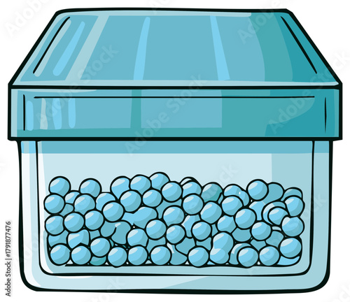 Cartoon illustration of a transparent storage container with a blue lid filled with numerous light blue spheres