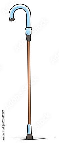 Illustrated light blue and brown walking cane, vintage style, healthcare tool