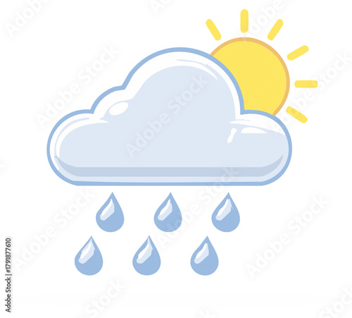 Cartoon style cloud with falling raindrops and a bright sun peaking through weather forecast symbol