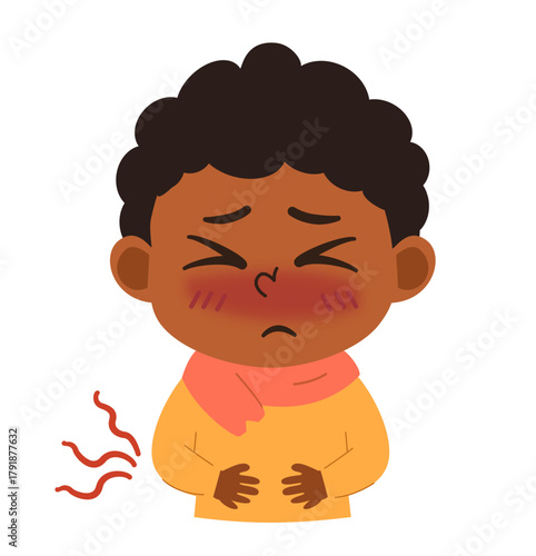 Illustration of Boy with Stomachache and Fever