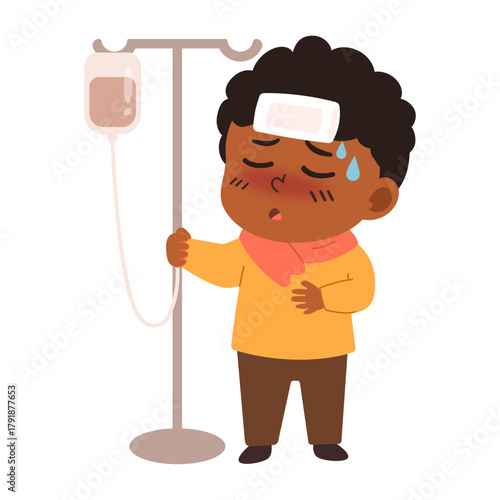 Illustration of Sick Boy with IV Drip
