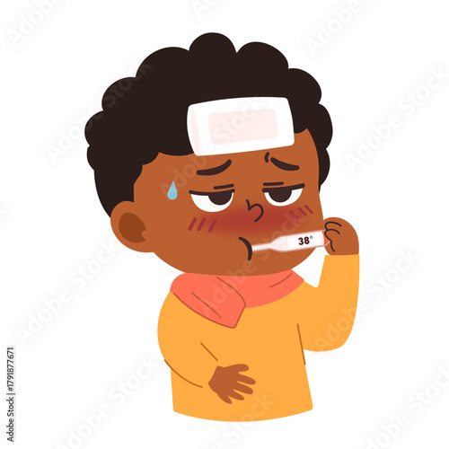 Illustration of Boy with Fever and Thermometer