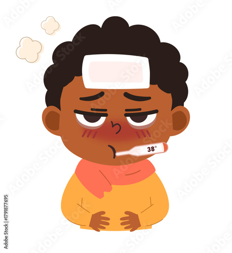 Illustration of Boy with Fever and Thermometer
