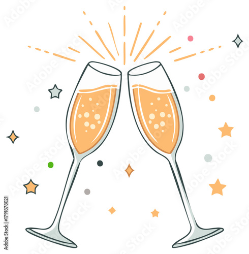 Festive cartoon champagne glasses clinking with sparkling effervescence and celebratory confetti
