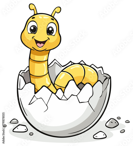 Happy yellow cartoon caterpillar hatching from a white eggshell