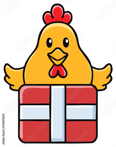 Happy cartoon chicken emerging from a gift box with festive ribbons
