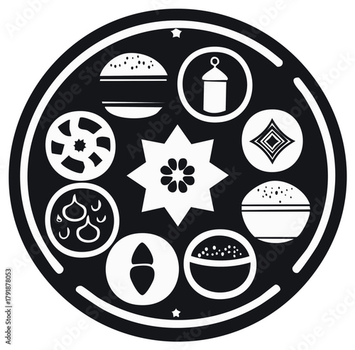 Circular black and white illustration of various food and objects