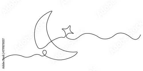Star with moon continuous one line drawing, Ramadan Kareem banner in simple linear style.